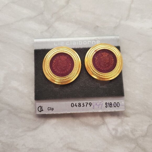Liz Claiborne Jewelry - 👑 Vintage 1980s 80s Clip On Gold Brown Gold Crest Preppy Academia Earrings 👑